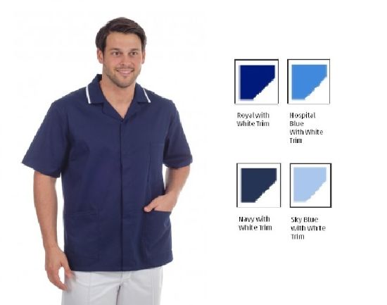 Picture of Mens Stud Front Tunic - Sky Blue with White Trim